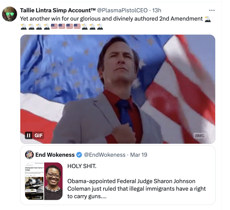 video - Tallie Lintra Simp AccountTM 13h Yet another win for our glorious and divinely authored 2nd Amendment, Ii Gif End Wokeness Mar 19 Holy Shit. Bmc Obamaappointed Federal Judge Sharon Johnson Coleman just ruled that illegal immigrants have a right to